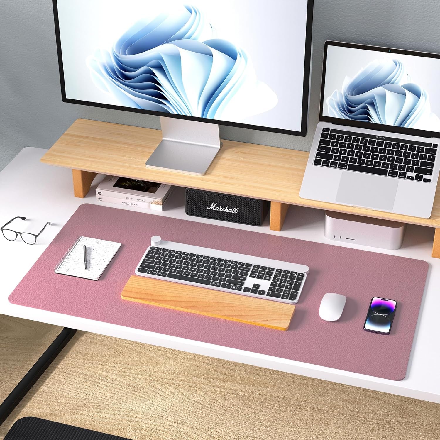 Leather Desk Pad Protector, Mouse Pad, Office Desk Mat,Non-Slip PU Leather Desk Blotter, Laptop Desk Pad, Waterproof Desk Writing Pad for Office and Home (Dark Pink, 23.6" X 13.7")
