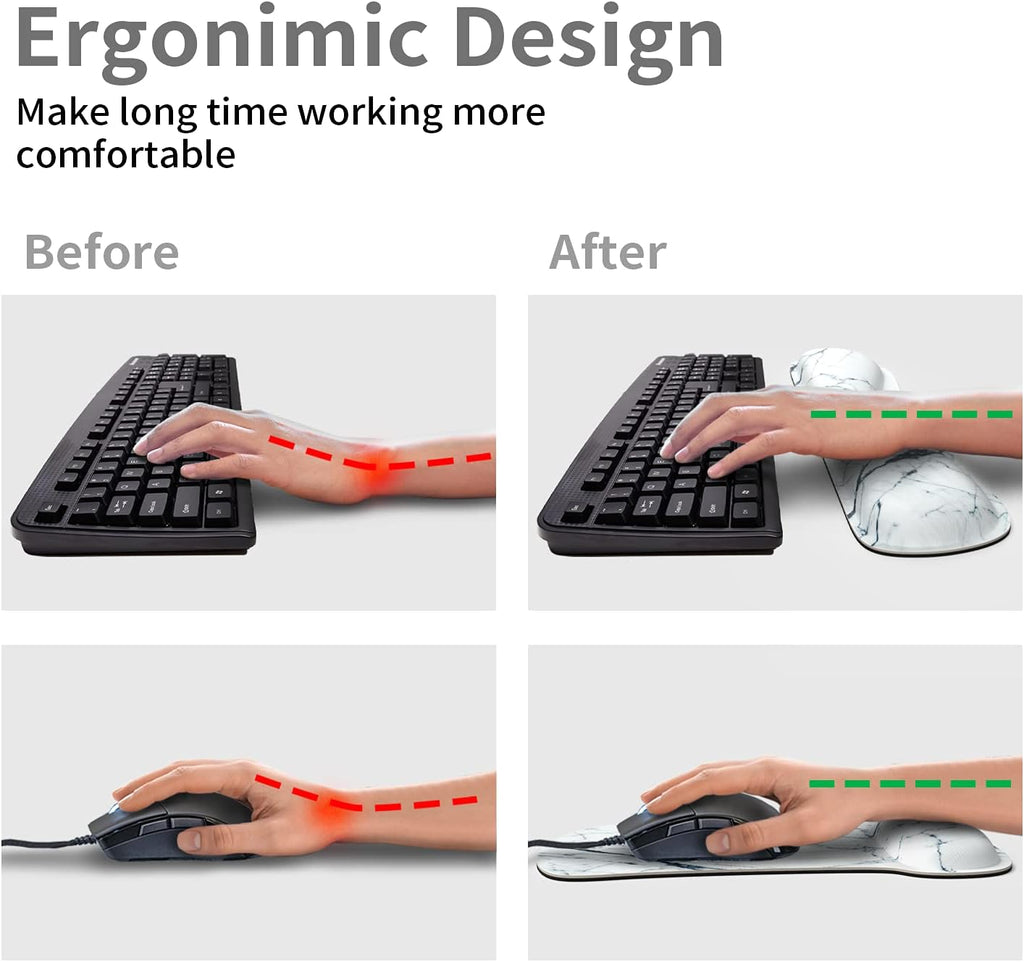 Wrist Rest Support Ergonomic Mouse Pad & Keyboard Set Memory Foam Non-Slip Rubber Base Cute Mouse Mat Coaster for Home,Computer,Office Easy Typing and Relieve Wrist Pain - White Marble